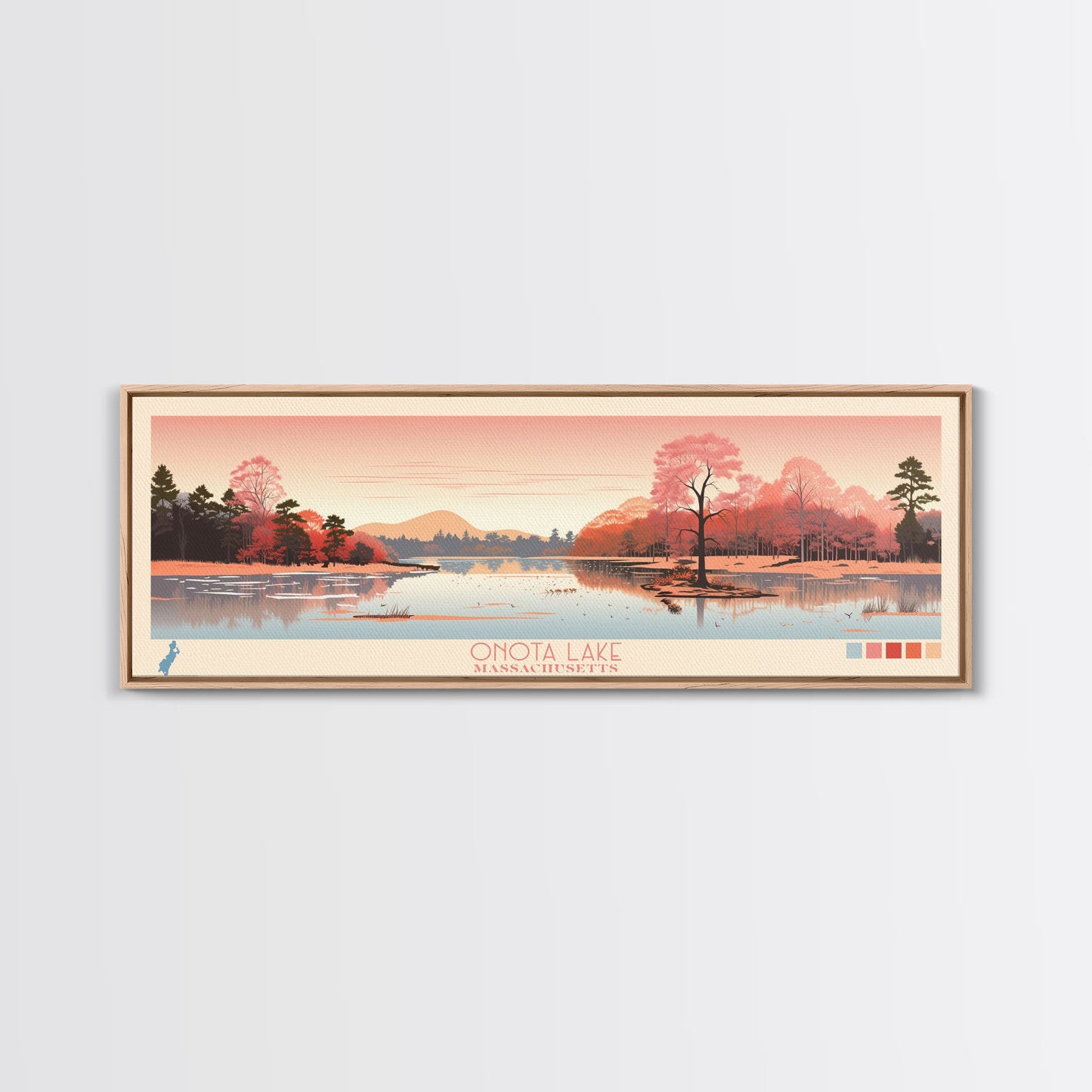 Onota Lake, Massachusetts Framed Canvas Print, Panoramic Wall Art, Midcentury Modern, Pop Art, Home Decor, Travel Poster, Living Room Art