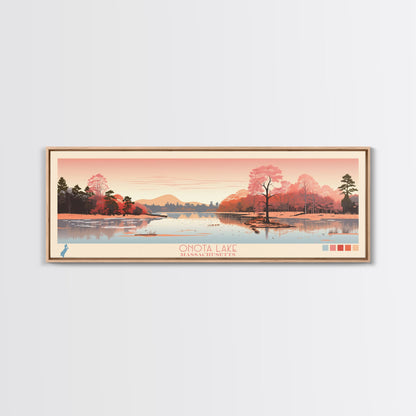 Onota Lake, Massachusetts Framed Canvas Print, Panoramic Wall Art, Midcentury Modern, Pop Art, Home Decor, Travel Poster, Living Room Art