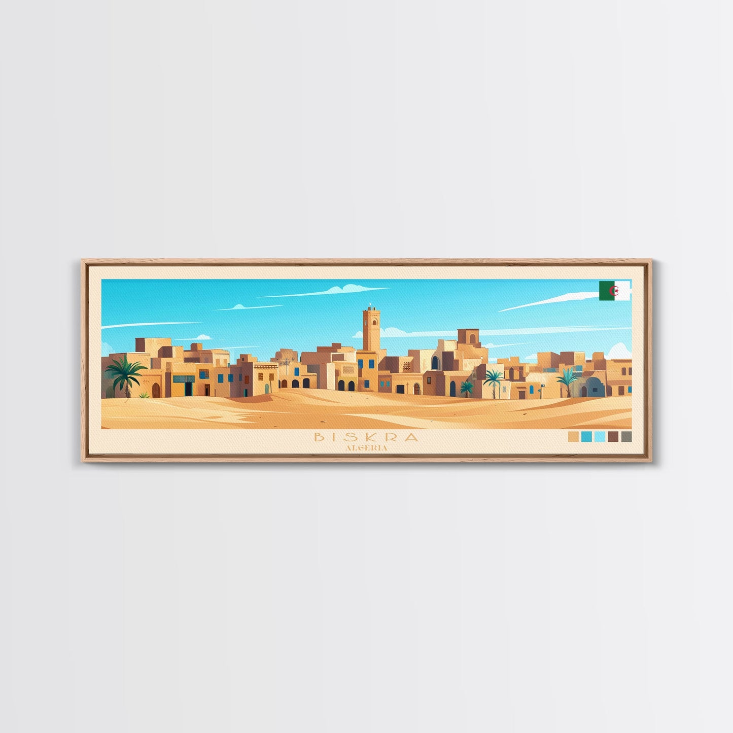 Biskra, Algeria Panoramic Travel Poster Canvas Print, Biskra, Algeria Painting, Algeria Art, Biskra Travel Art, Guest Room Painting