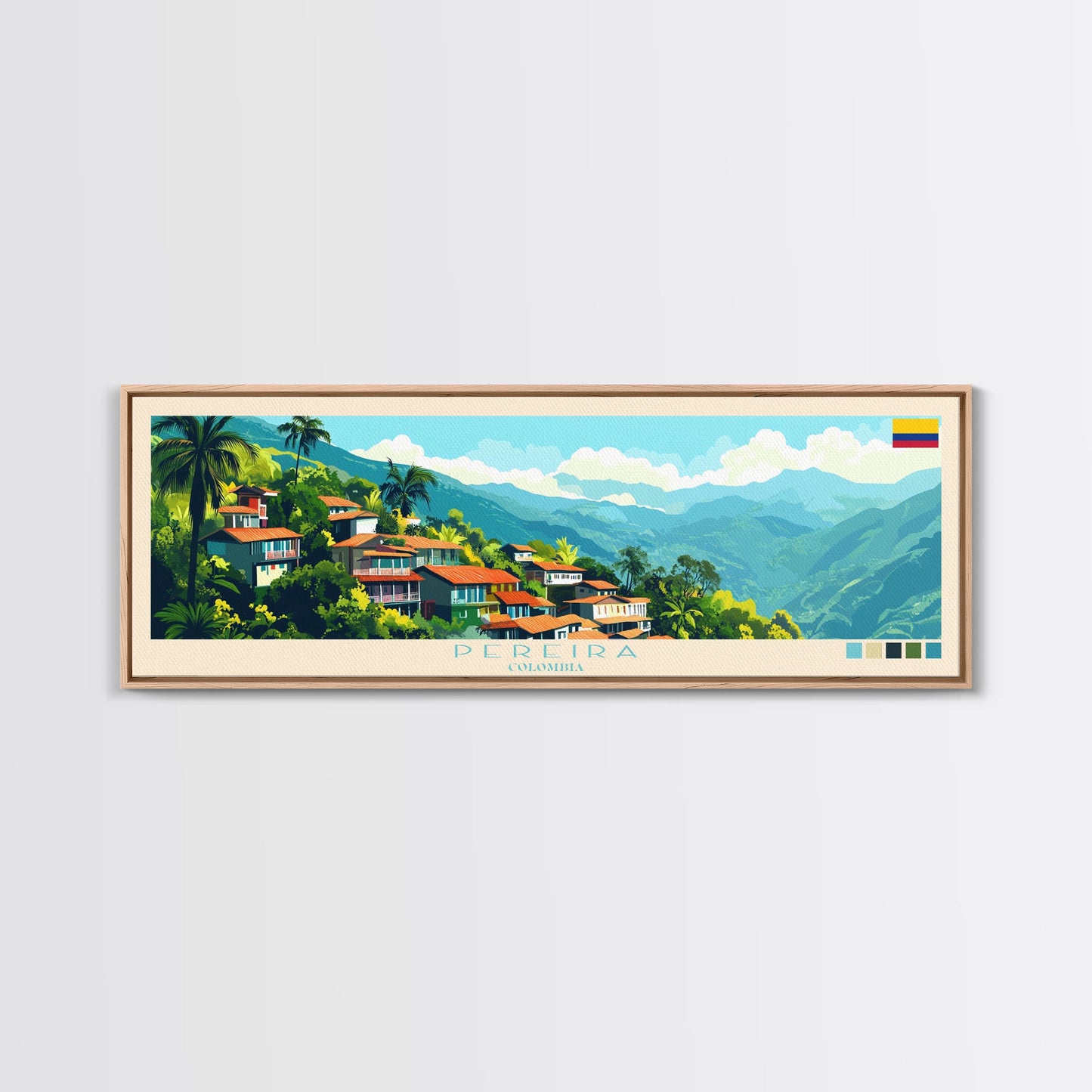 Panorama-Reiseposter Pereira, Kolumbien – Leinwanddruck, Gemälde Pereira, Kolumbien, Kunst aus Kolumbien, Reisekunst aus Pereira, Gemälde für das Gästezimmer