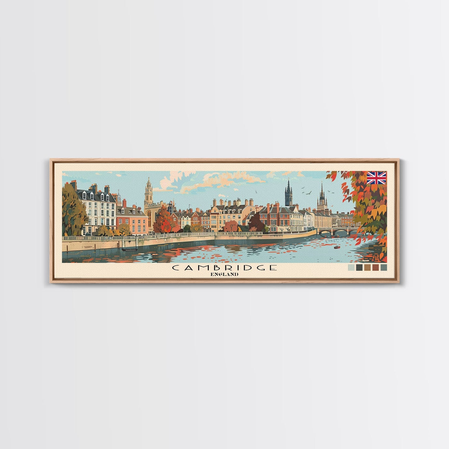 Cambridge, England Panoramic Canvas Print, Cambridge, England Painting, England Art, Cambridge Travel Poster, Travel Art, Living Room Painting