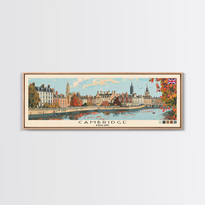 Cambridge, England Panoramic Canvas Print, Cambridge, England Painting, England Art, Cambridge Travel Poster, Travel Art, Living Room Painting