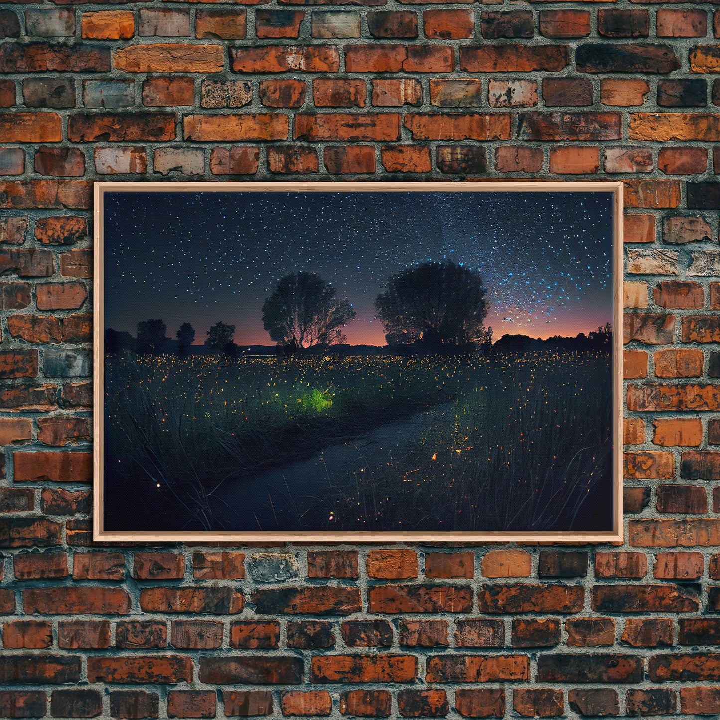 Fireflies light up the Oklahoma Prairie under a Starry night sky, framed canvas print