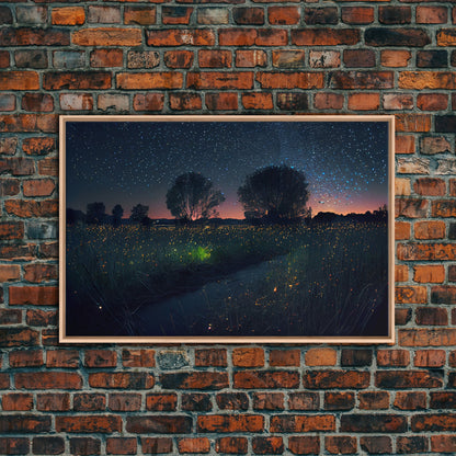 Fireflies light up the Oklahoma Prairie under a Starry night sky, framed canvas print