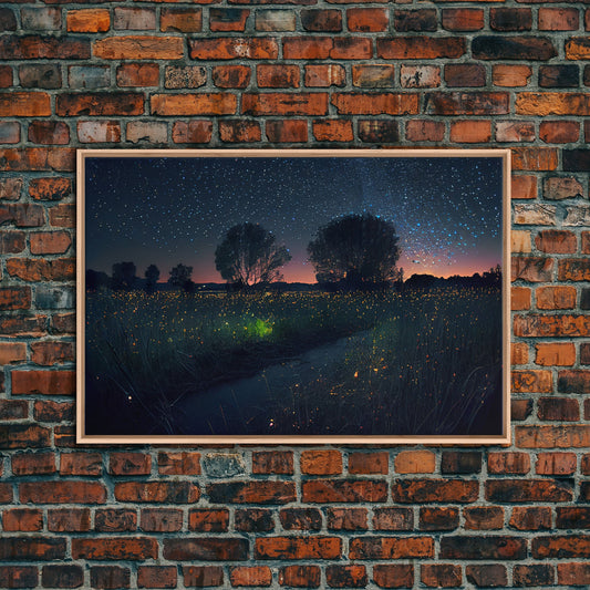 Fireflies light up the Oklahoma Prairie under a Starry night sky, framed canvas print
