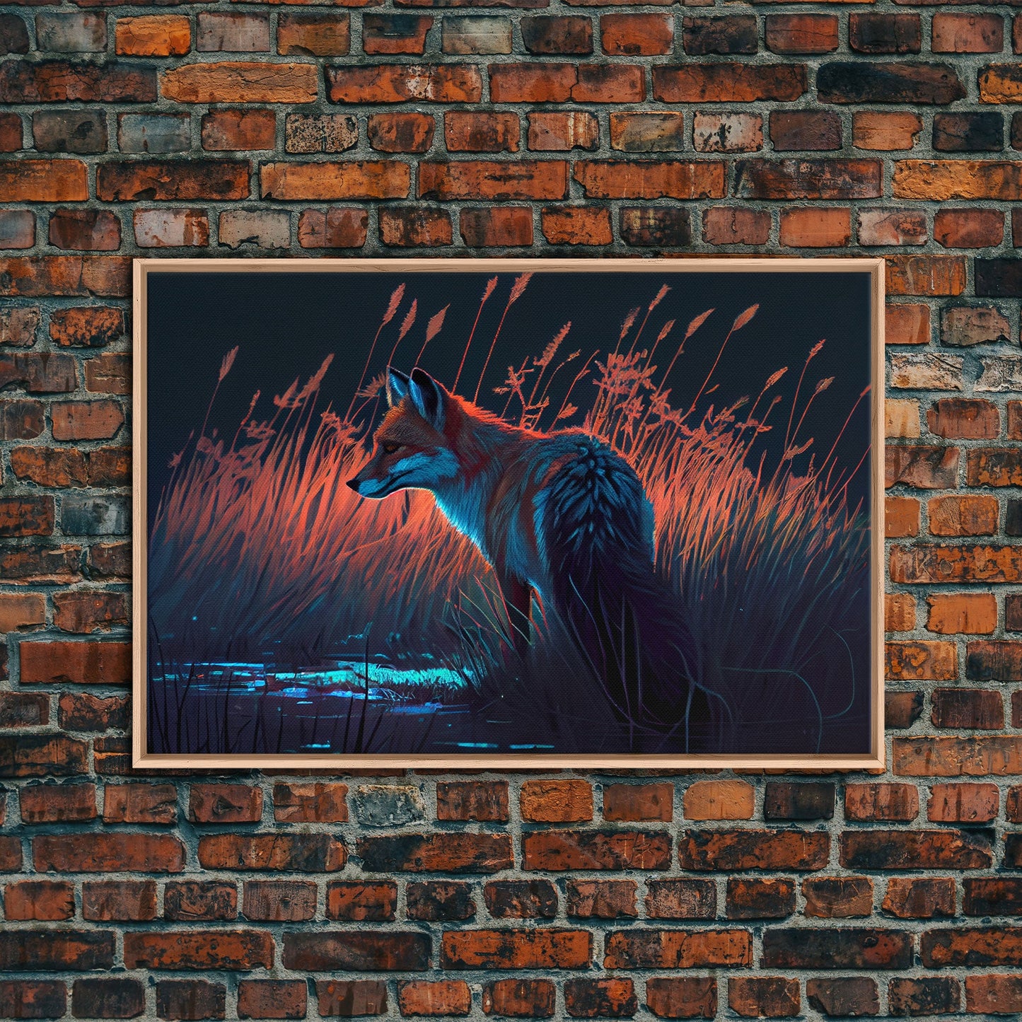 Cute animal prints, fox hunting in the tall grass, framed canvas print