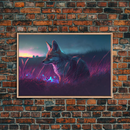 Cute animal prints, vaporwave fox hunting in the tall grass, framed canvas print