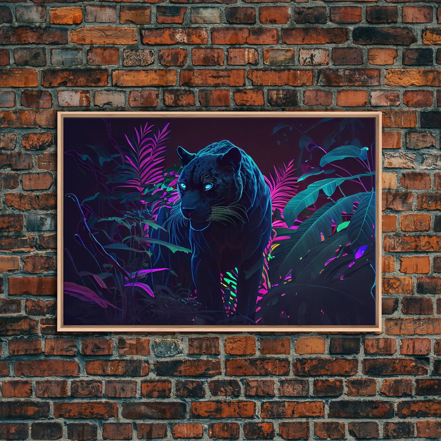 Black panther on the hunt in the jungle, glowing blue eyes, synth wave aesthetic art, framed canvas print