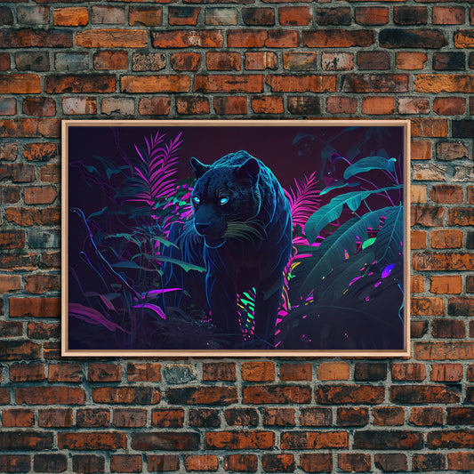 Black panther on the hunt in the jungle, glowing blue eyes, synth wave aesthetic art, framed canvas print