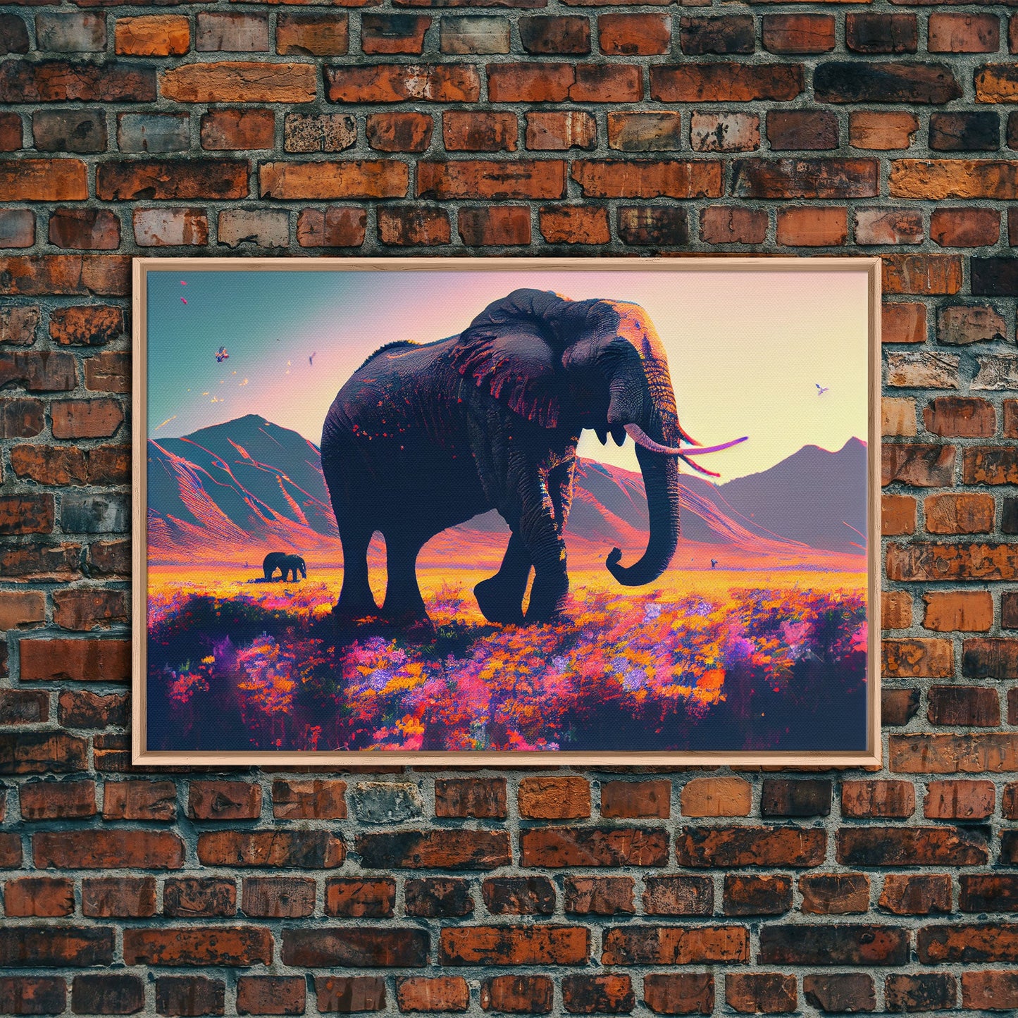 Elephants of Africa, Vibrant and colorful landscape, vaporwave, framed canvas print