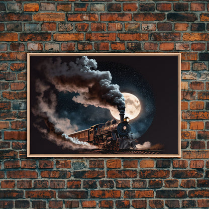 Steampunk Wild West Decor, Steam Train at Midnight, Framed Canvas Print
