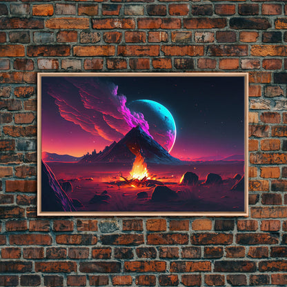 Campfire under a Full Moon, Framed canvas print, retro synthwave / outrun style primitive home decor