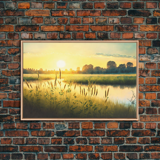 Boho Style Primitive Art, Framed Canvas Print, Sunset Over the Marsh in Florida, watercolor wall decoration