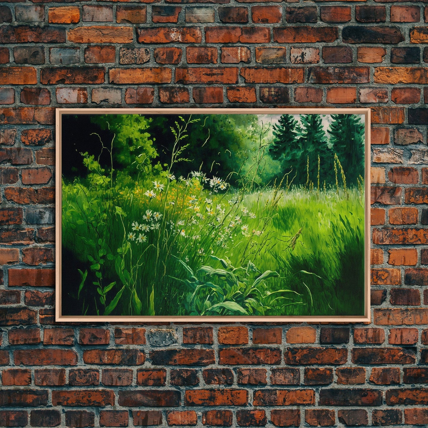 Beautiful field of wildflowers, Emerald green watercolor, framed canvas print, living room wall decor