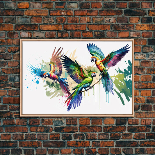 Birds of Paradise | 3 Watercolor Parrots | Framed Canvas Print | Colorful Boho Style Wall Decoration