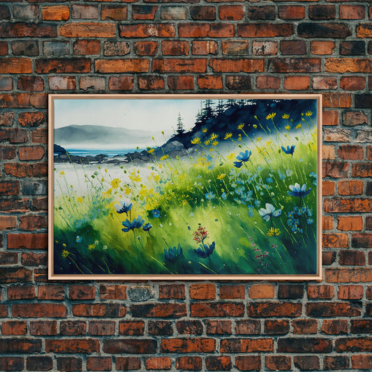 Beautiful Watercolor of a field of blue flowers, framed canvas print, whimsical wall decor, colorful wall art