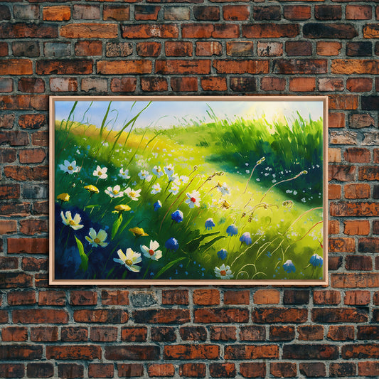 Beautiful Watercolor of a field of blue and white flowers, framed canvas print, whimsical wall decor, colorful wall art