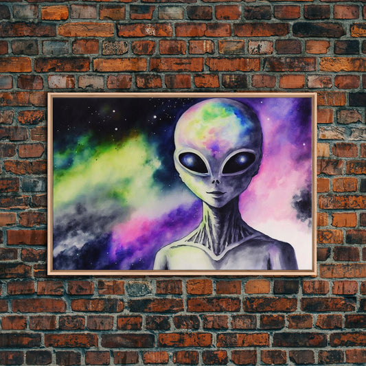 Psychedelic Intergalactic Alien Art, Watercolor Style, Framed Canvas Print, Scifi Wall Art