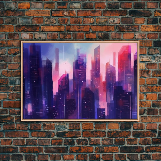 Buildings Wall Art - Framed Canvas Print - Original painting - Vaporwave Style - Watercolor colors - Pop Art Style - Living room art