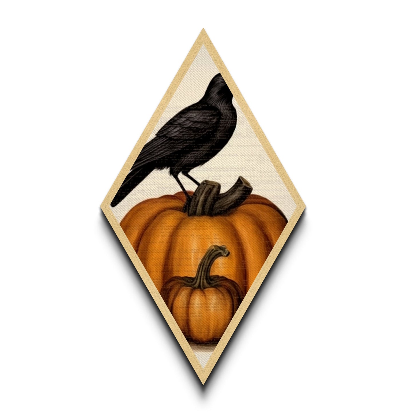 Black crow on stacked pumpkins Canvas Art Print in vintage Halloween aesthetic with dark farmhouse Diamond Shaped Art finish