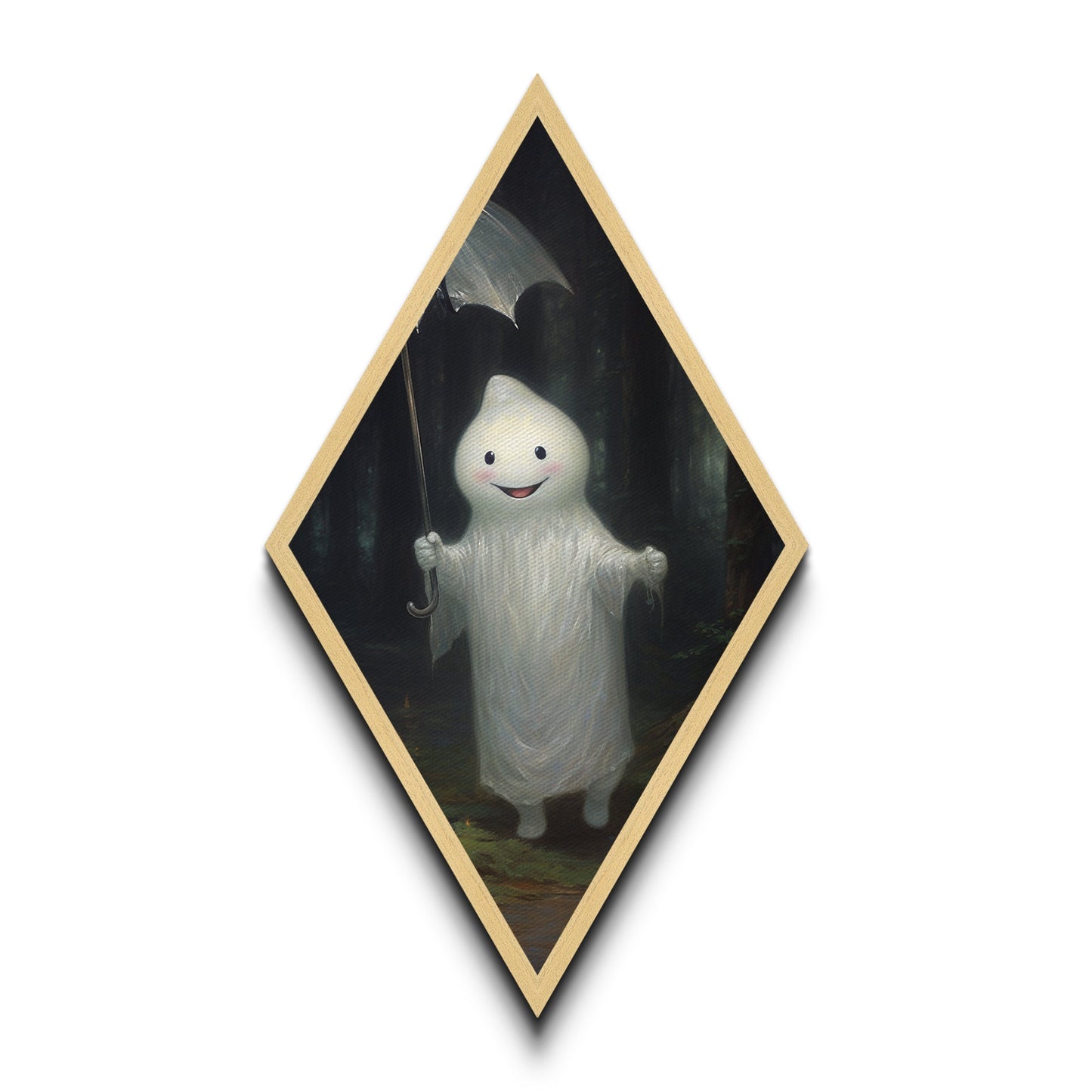 Mysterious Ghost with Umbrella Diamond Shaped Art in Pumpkin Patch Halloween Canvas Art Print Dark Academia Spooky Forest Theme