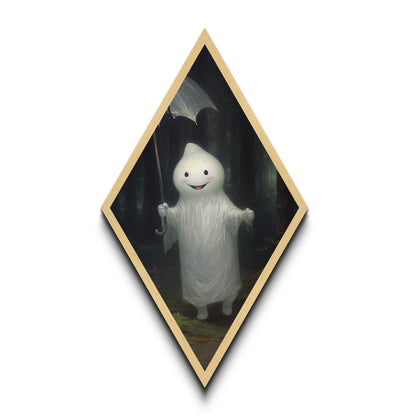 Mysterious Ghost with Umbrella Diamond Shaped Art in Pumpkin Patch Halloween Canvas Art Print Dark Academia Spooky Forest Theme