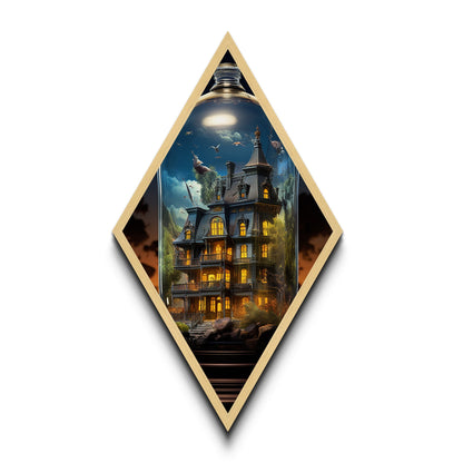 Viktorianisches Spukhaus in der Abenddämmerung – Rautenförmiger Kunstdruck auf Leinwand mit leuchtenden Fenstern – gotische Halloween-Dekoration
