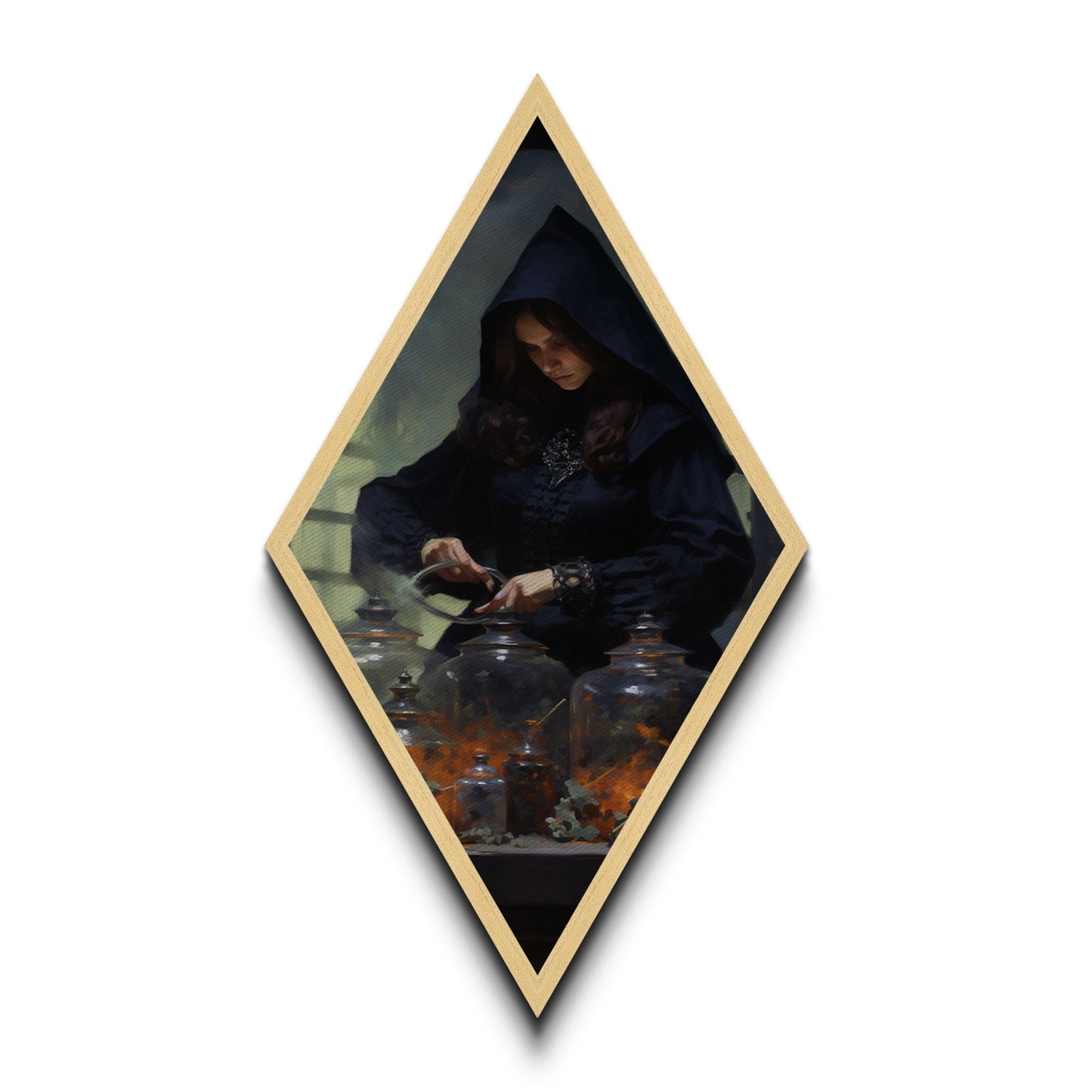 Viktorianische Hexe braut Zaubersprüche – Diamantförmiges Kunstwerk für Halloween – Leinwanddruck im düsteren Gothic-Stil