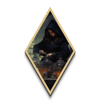 Viktorianische Hexe braut Zaubersprüche – Diamantförmiges Kunstwerk für Halloween – Leinwanddruck im düsteren Gothic-Stil