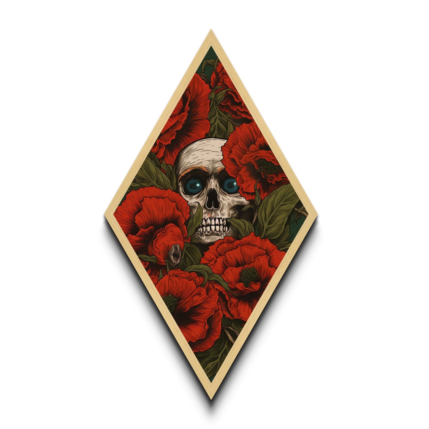 The Skull Amongst The Red Flowers, Spooky Halloween Wall Art, Diamond Shaped Art, Creepy Home Decor