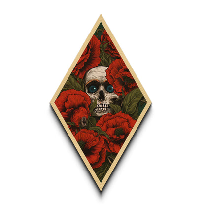 The Skull Amongst The Red Flowers, Spooky Halloween Wall Art, Diamond Shaped Art, Creepy Home Decor