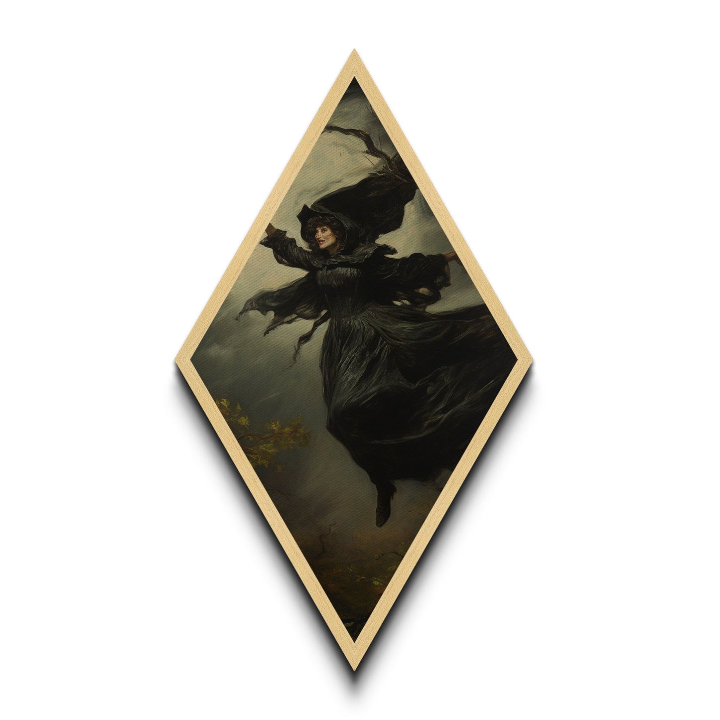 Die fliegende Hexe, gerahmter Leinwanddruck, unheimliche gotische viktorianische Wandkunst, Gemälde einer Hexe aus Dark Academia