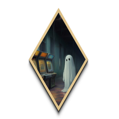 Einsamer Geist in regnerischer Spielhalle – Rautenförmiger Kunstdruck auf Leinwand – Geprägter Druck – Gruselige Vaporwave-Halloween-Wanddekoration im surrealen, nostalgischen Stil