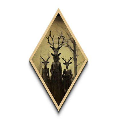 Haunting deer-headed family in eerie woods with Victorian dresses captured as Diamond Shaped Art on Canvas Embossed Print gothic Halloween