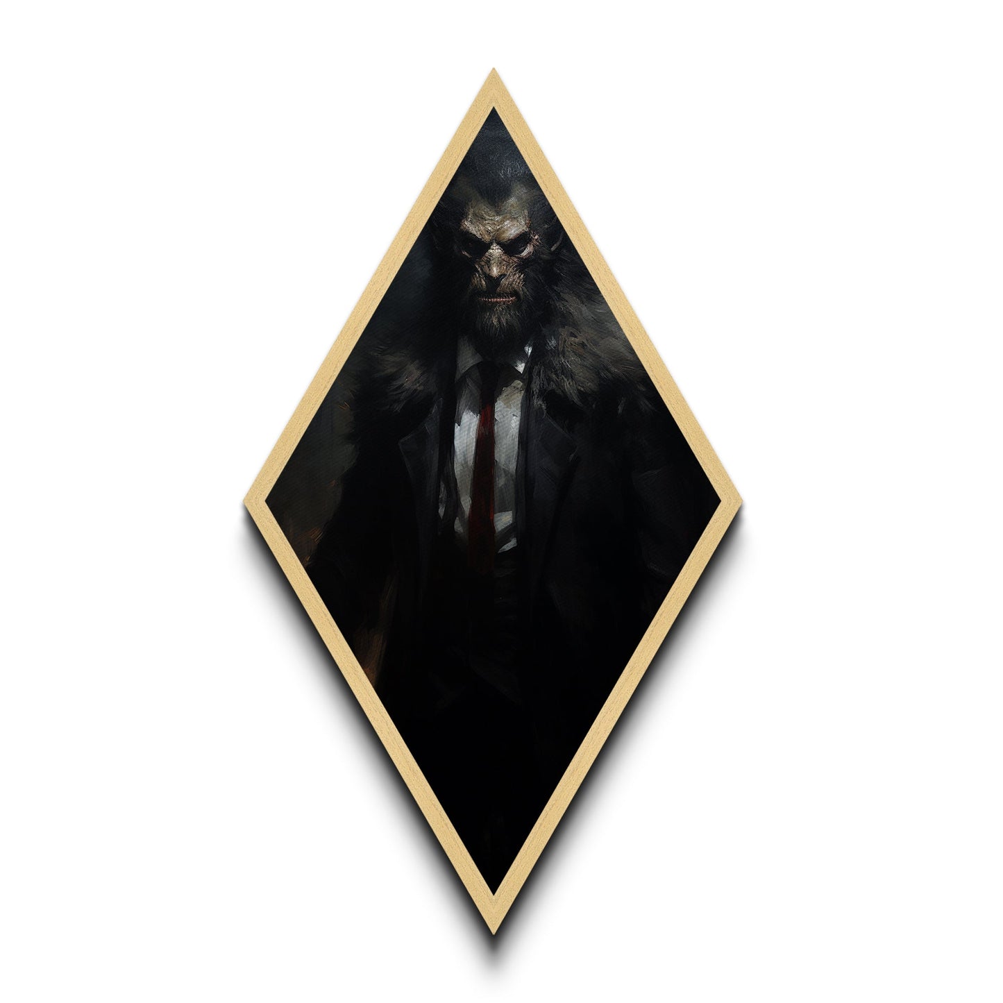 Rautenförmiger Leinwanddruck mit Werwolf-Motiv, gotisches Horrormonster im Anzug, viktorianische Halloween-Dekoration im Stil von Dark Academia für die Wand