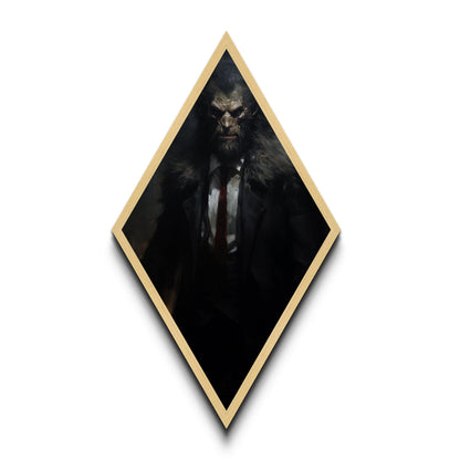 Rautenförmiger Leinwanddruck mit Werwolf-Motiv, gotisches Horrormonster im Anzug, viktorianische Halloween-Dekoration im Stil von Dark Academia für die Wand