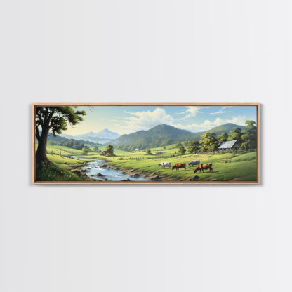 Farmhouse Field Landscape Oil Painting Large Wall Art Canvas Print, Framed Canvas Nature Wall Decor, Rustic Country Landscape Living Room