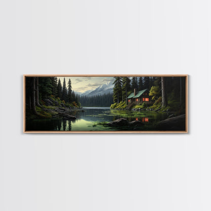 Cozy Cabin on The Lake, Framed Canvas Print, Farmhouse Decor, Landscape Painting, Unique Wall Art