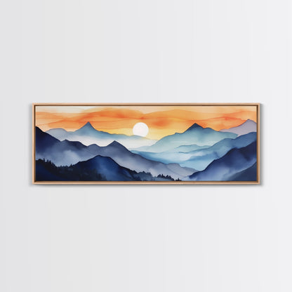 Midcentury Modern Watercolor Painting of a Mountain Sunset, Large Canvas Print, Mountain Artwork, Guest Room Art, Mountain Print