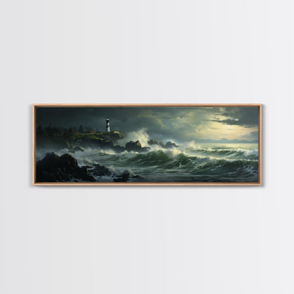 Lighthouse In The Storm, Framed Canvas Print, Nautical Decor, Nautical Painting, Guest Room Art, Moody Decor