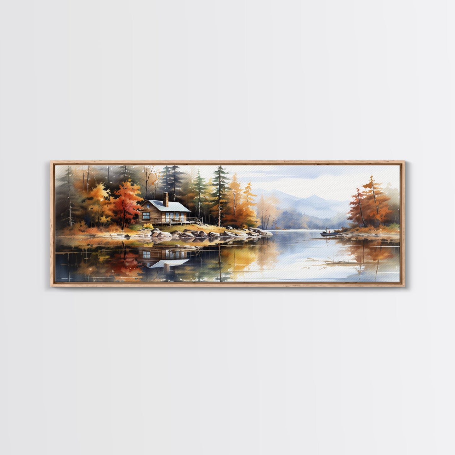 Rustic Lake Cabin at Dusk Watercolor Painting | Peaceful Wilderness Landscape Canvas Print | Modern Country Decor and Nature Lovers