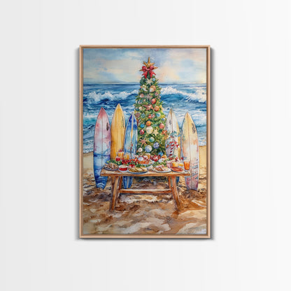 Christmas tree with surfboards on the beach, Framed Canvas Print tropical holiday wall art perfect beach Christmas decor holiday gift idea