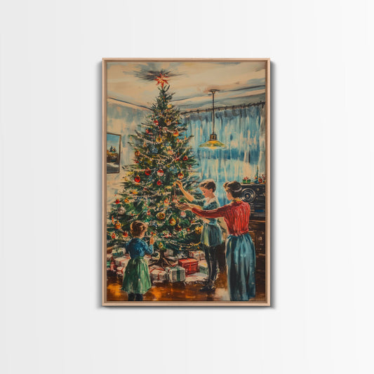 Family Decorating Christmas Tree in Cozy Living Room, Vintage Holiday Scene, Perfect Christmas Wall Decor, Framed Canvas Print