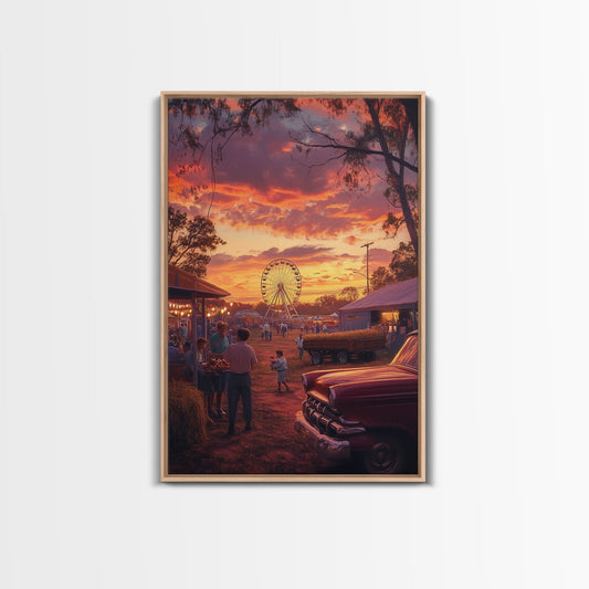 Rustic Country Fair at Sunset, Carnival Ferris Wheel and Warm Autumn Colors, Framed Canvas Print for Seasonal Home Decor