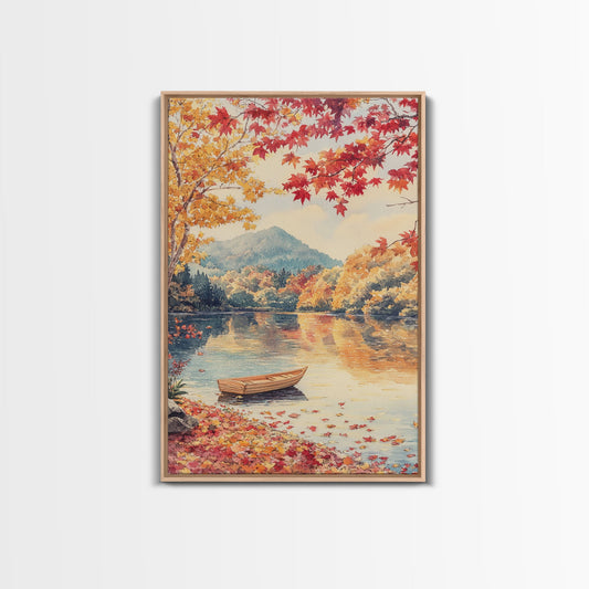 Canoe On A Serene Fall Lake, Framed Canvas Print, Autumn Decor, Fall Wall Art, Fall Poster, Autumn Prints Wall Art