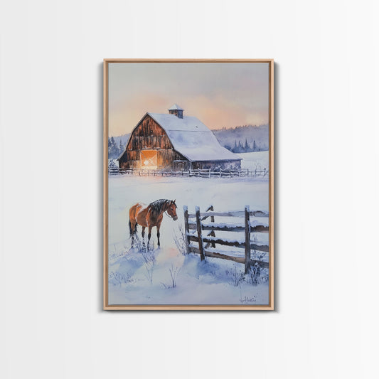 Christmas On The Farm, Winter Wall Art Framed Canvas Print, Gift Idea, Seasonal Decor, Barn Painting, Farmhouse Art