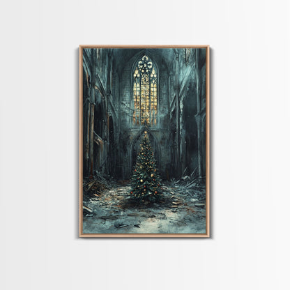 Moody Landscape Gothic Cathedral Christmas Tree Framed Canvas Print Christian Christmas Art Gift Rustic Holiday Wall Art Home Decor