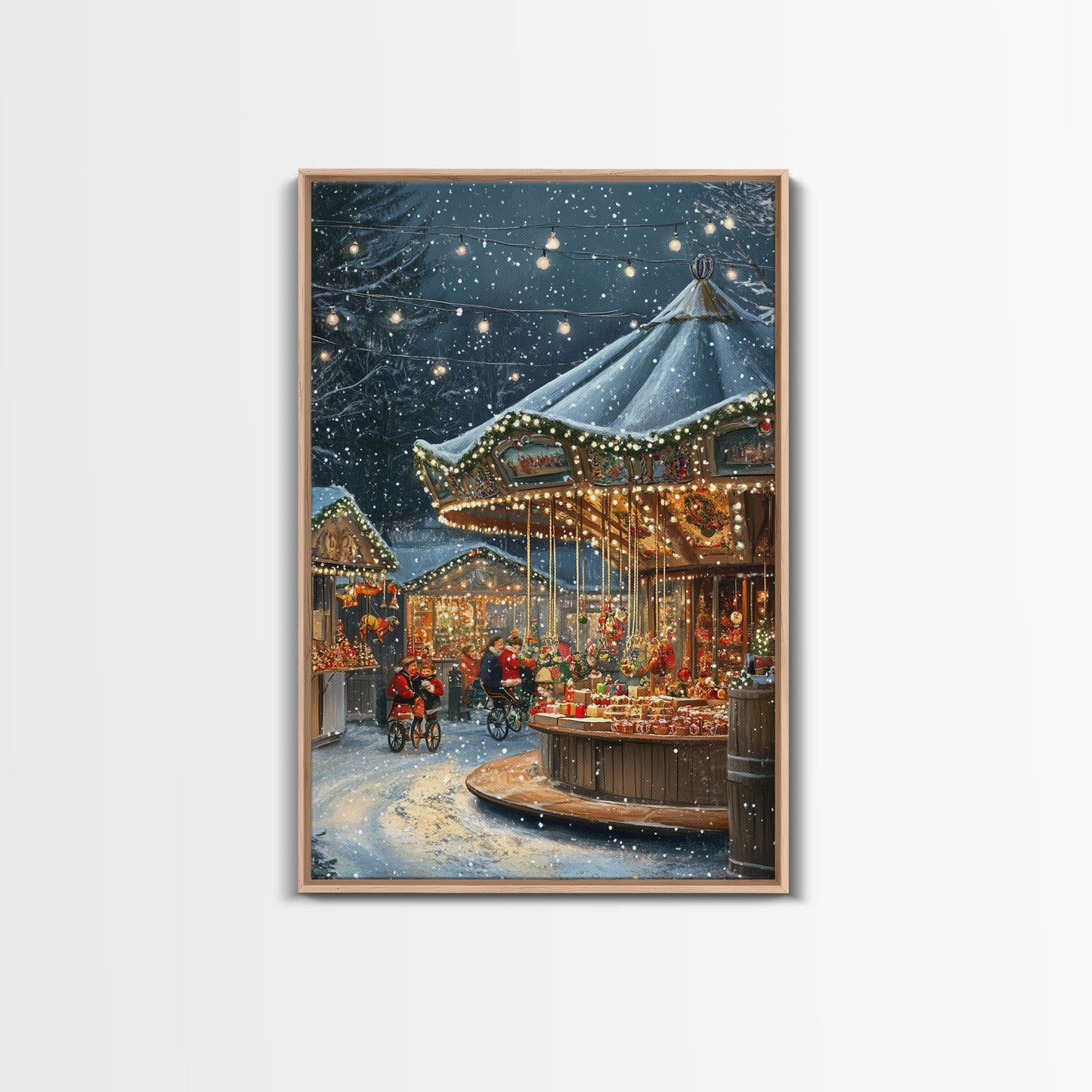 Christmas Carousel at a Snowy Night Market with Festive Lights and Ornaments, Framed Canvas Print for Christmas Wall Decor