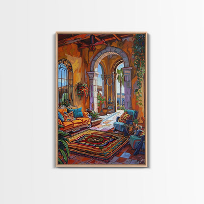 Mediterranean Lounge With Mountain View Framed Canvas Print Spanish Style Patio Wall Art Home Decor Best Gift Seasonal Above Sofa Art