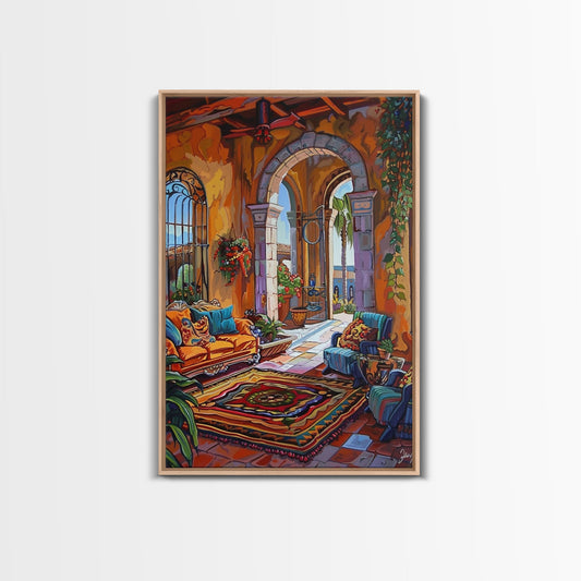 Mediterranean Lounge With Mountain View Framed Canvas Print Spanish Style Patio Wall Art Home Decor Best Gift Seasonal Above Sofa Art